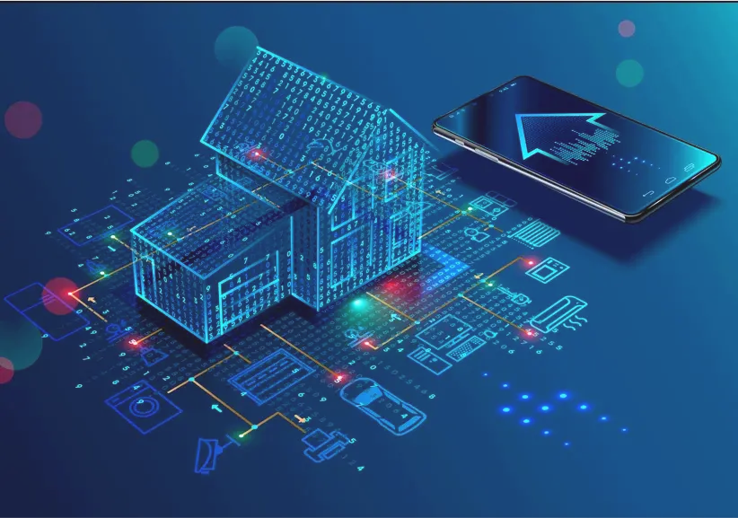 A tech moquete of the house with the scheme of different IoT devices that can be there and controlled by a mobile
